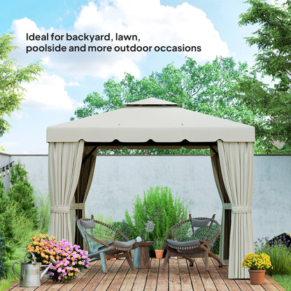 Gazebo 10' x 10' d'extérieur double toit souple avec rideaux et moustiquaires, blanc crème