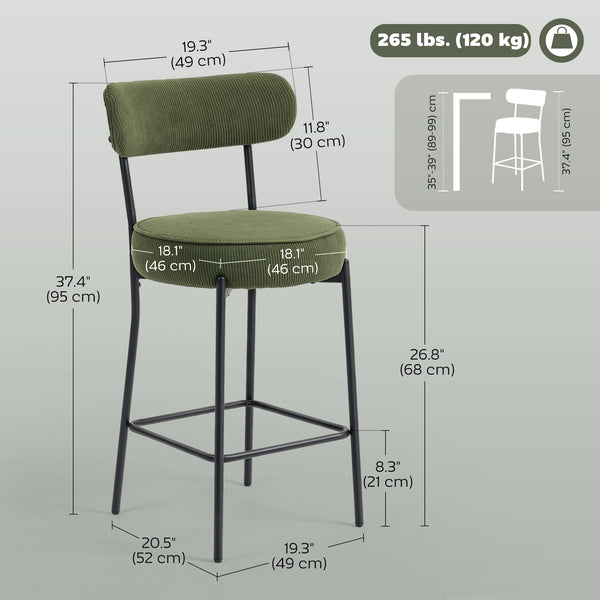 Set of 2 upholstered bar stools in corduroy, green