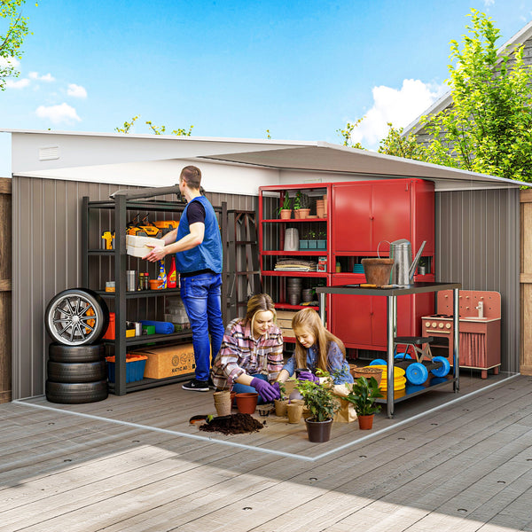 Abri de jardin en acier gris avec double porte coulissante et 2 aérations