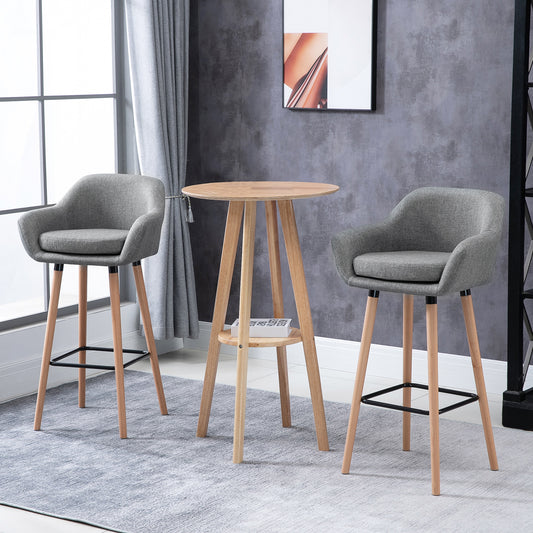 Set of 2 modern fabric upholstered bar stools with metal frame and solid wood legs, Grey