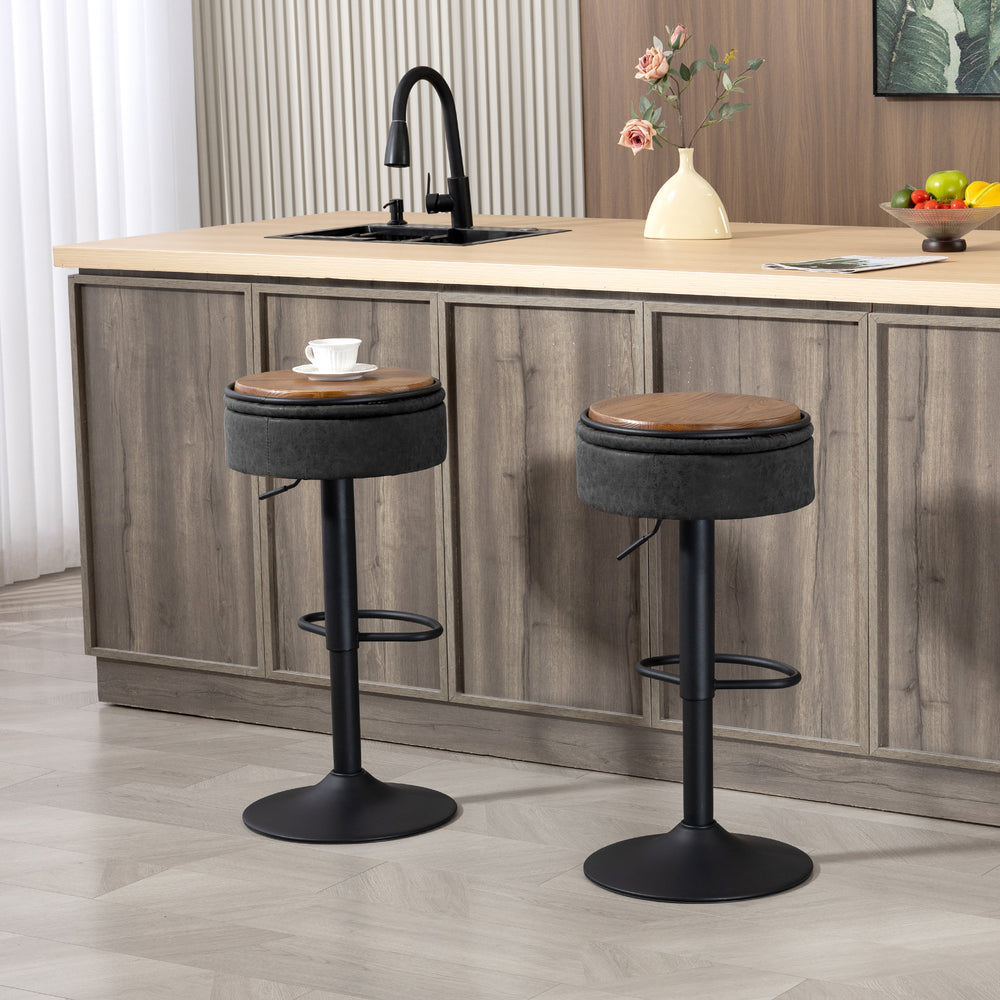 Lot de 2 tabourets de bar pivotants avec rangement, revêtement en similicuir, repose-pieds, piètement en acier, noir