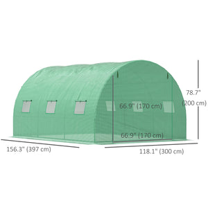Green tunnel greenhouse with zip-up door and 6 mesh windows