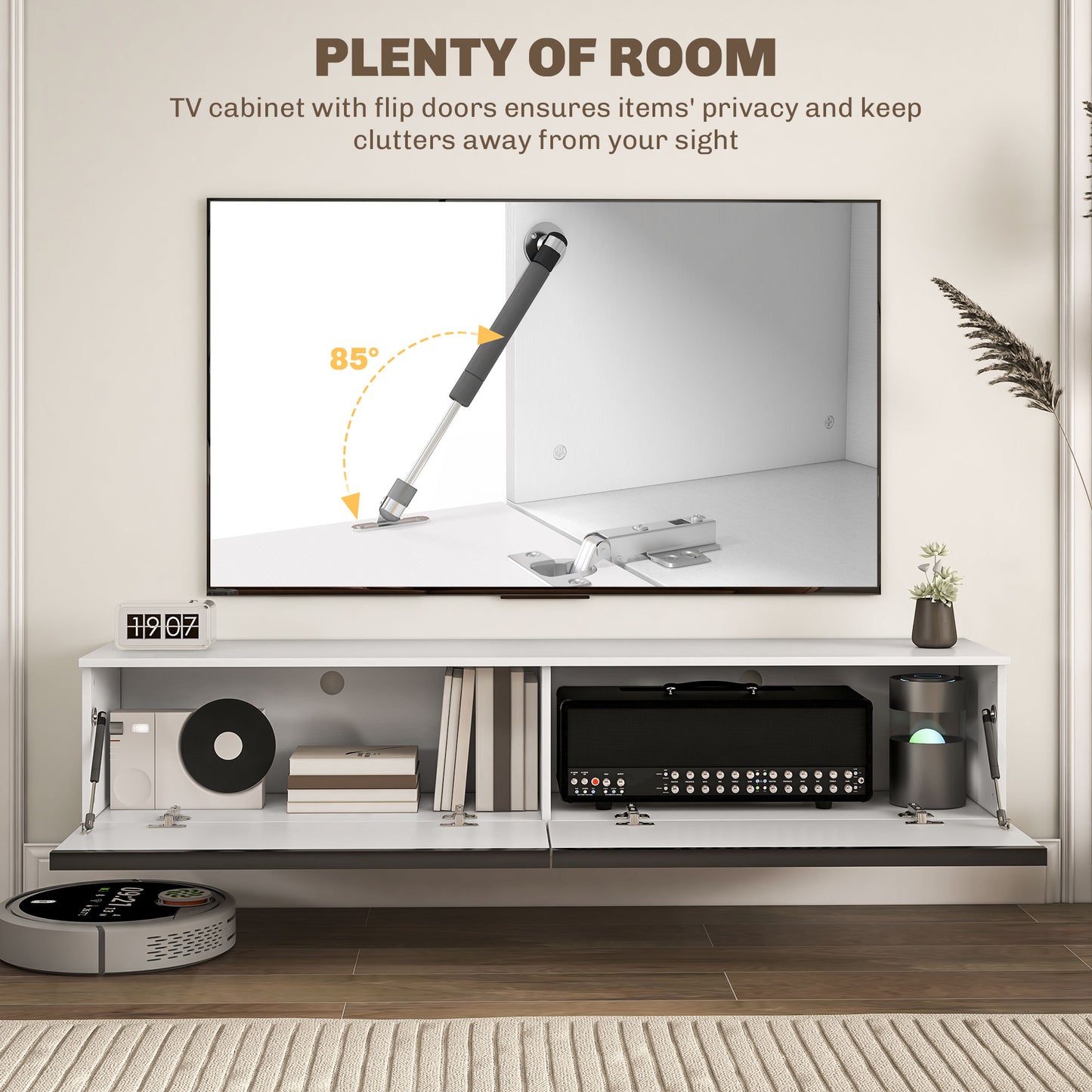 Meuble TV mural flottant pour téléviseurs jusqu'à 70 pouces avec rangement, effet brillant, blan