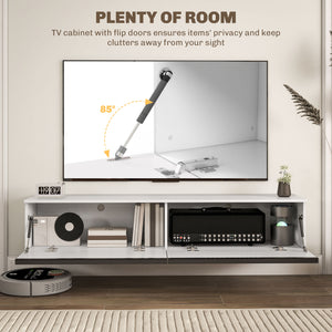 Meuble TV mural flottant pour téléviseurs jusqu'à 70 pouces avec rangement, effet brillant, blan