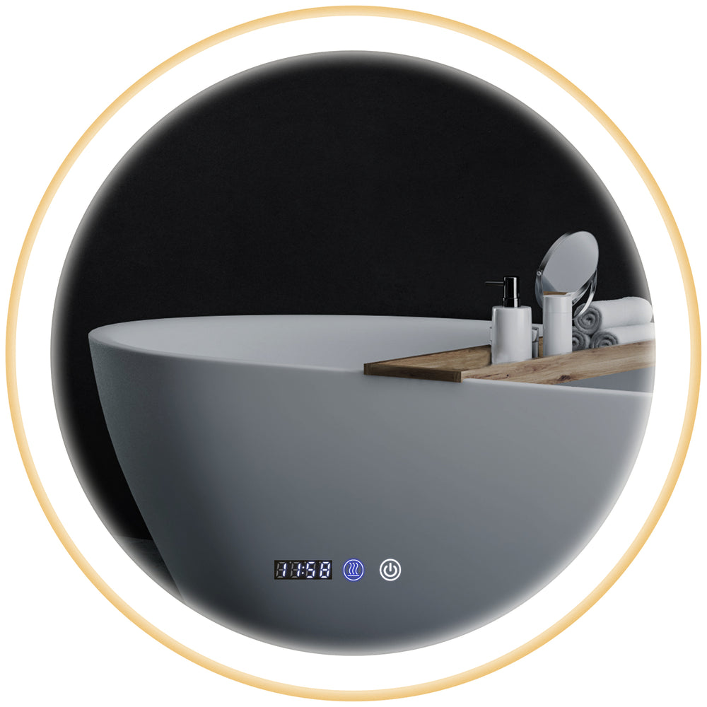 Miroir de salle de bain rond avec éclairage LED avec revêtement antibuée, doré