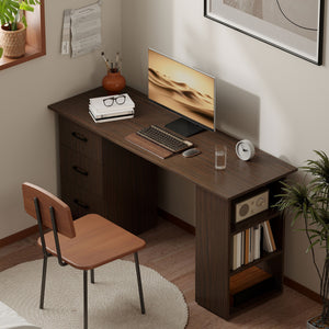 Computer desk with 3 shelves and 3 reversible drawers, walnut