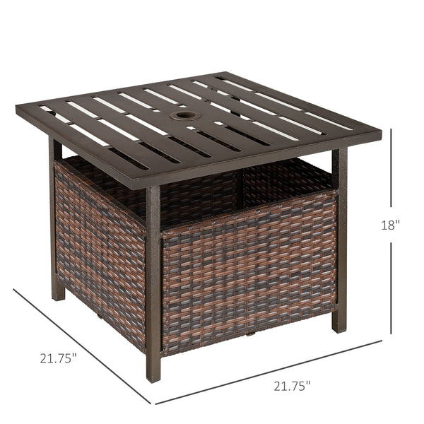 Table basse de patio d'extérieur en rotin tressé avec trou pour parasol, marron