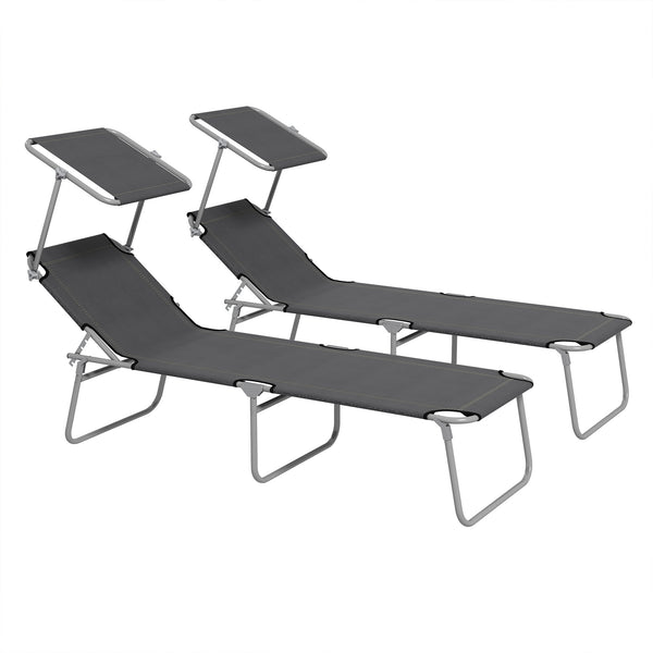 2Pcs Outdoor Lounge Chair, Adjustable Folding Chaise Lounge with Sun Shade for Beach, Camping, Hiking, Grey