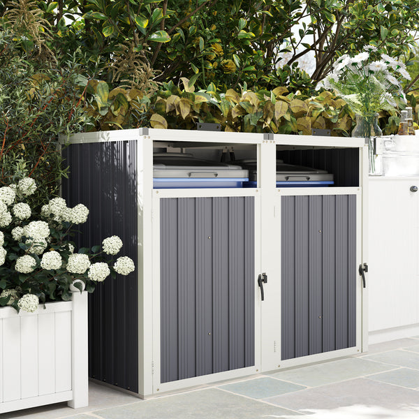 Lockable outdoor double bin shelter with hinged lid, dark grey