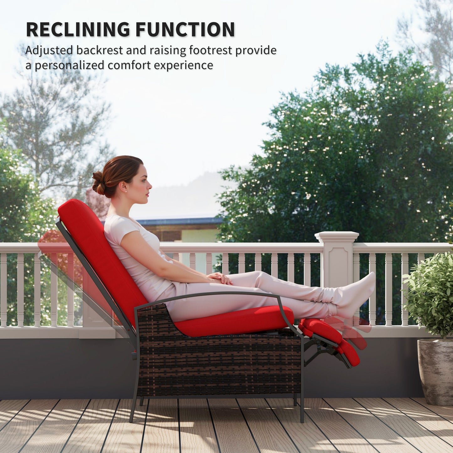 Fauteuil inclinable d'extérieur en rotin avec dossier réglable et repose-pieds rétractable, couleur rouge vin