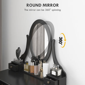 Coiffeuse avec tabouret et miroir ovale rotatif à 360°, noire