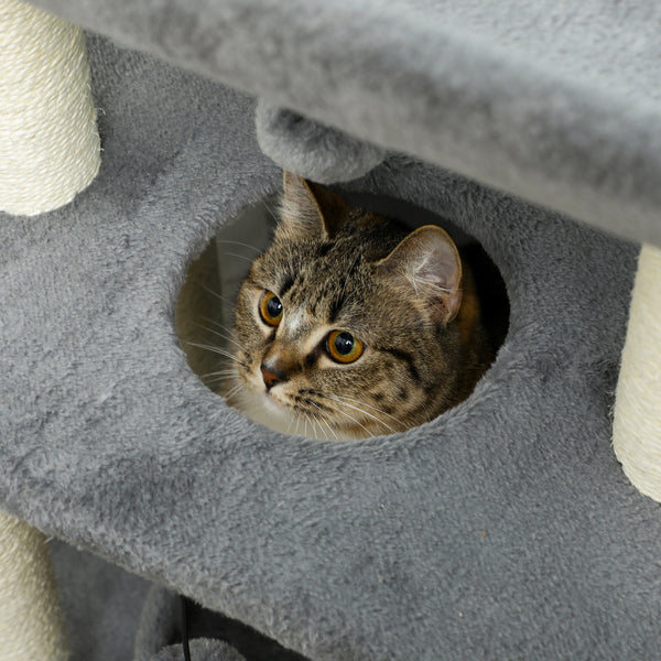 Small cat tree with perch, scratching posts, mat, bed and play balls, light gray