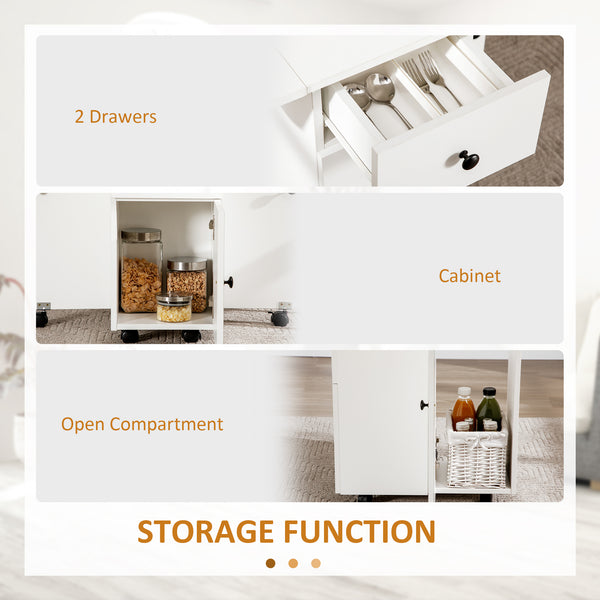 Table de salle à manger pliante avec tiroirs et placard de rangement, blanche