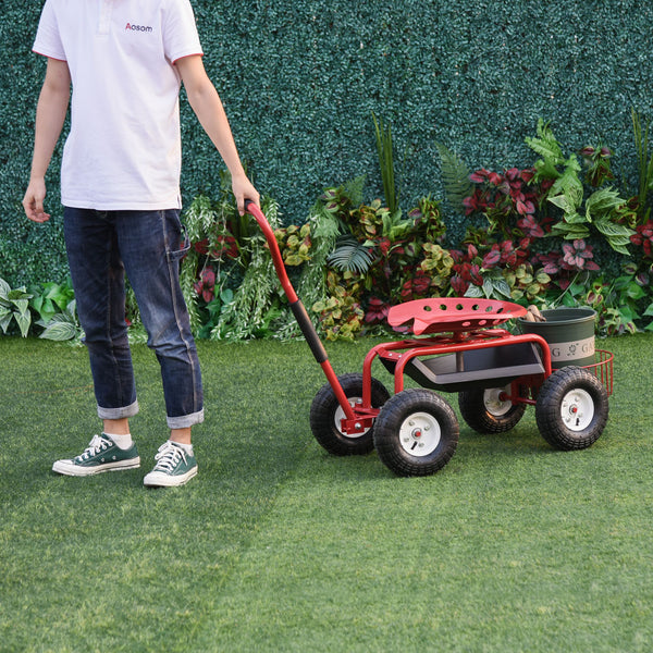Chariot à roulettes avec siège pivotant et réglable, rouge et noir