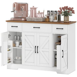 Buffet 47 po avec charnières à fermeture douce, style campagnard, avec 3 tiroirs, étagères réglables et porte-épices, blanc