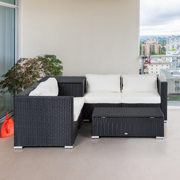 Ensemble de mobilier 6 pièces avec canapé d'angle en rotin, table de rangement et table basse, beige