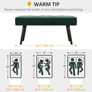 Banc de chambre rembourré moderne avec pieds en acier, vert