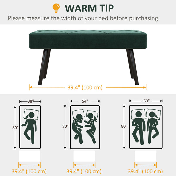 Banc de chambre rembourré moderne avec pieds en acier, vert