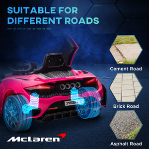 McLaren 765LT 12 V, sous licence, avec portes en ciseaux, roues de transport, télécommande, démarrage lent et klaxon musical, rose