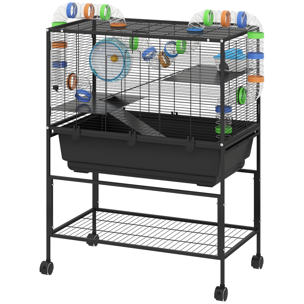 Cage à roulettes à 3 niveaux avec plateau de 18 cm de profondeur, pour rongeurs syriens, gerbilles et rats