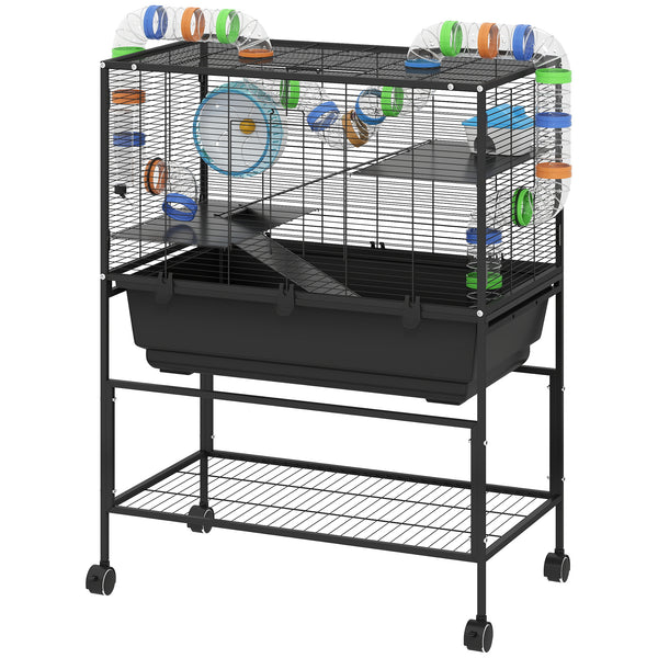 Cage à roulettes à 3 niveaux avec plateau de 18 cm de profondeur, pour rongeurs syriens, gerbilles et rats