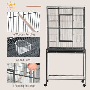 Metal rolling bird cage with removable stand with wheels, black