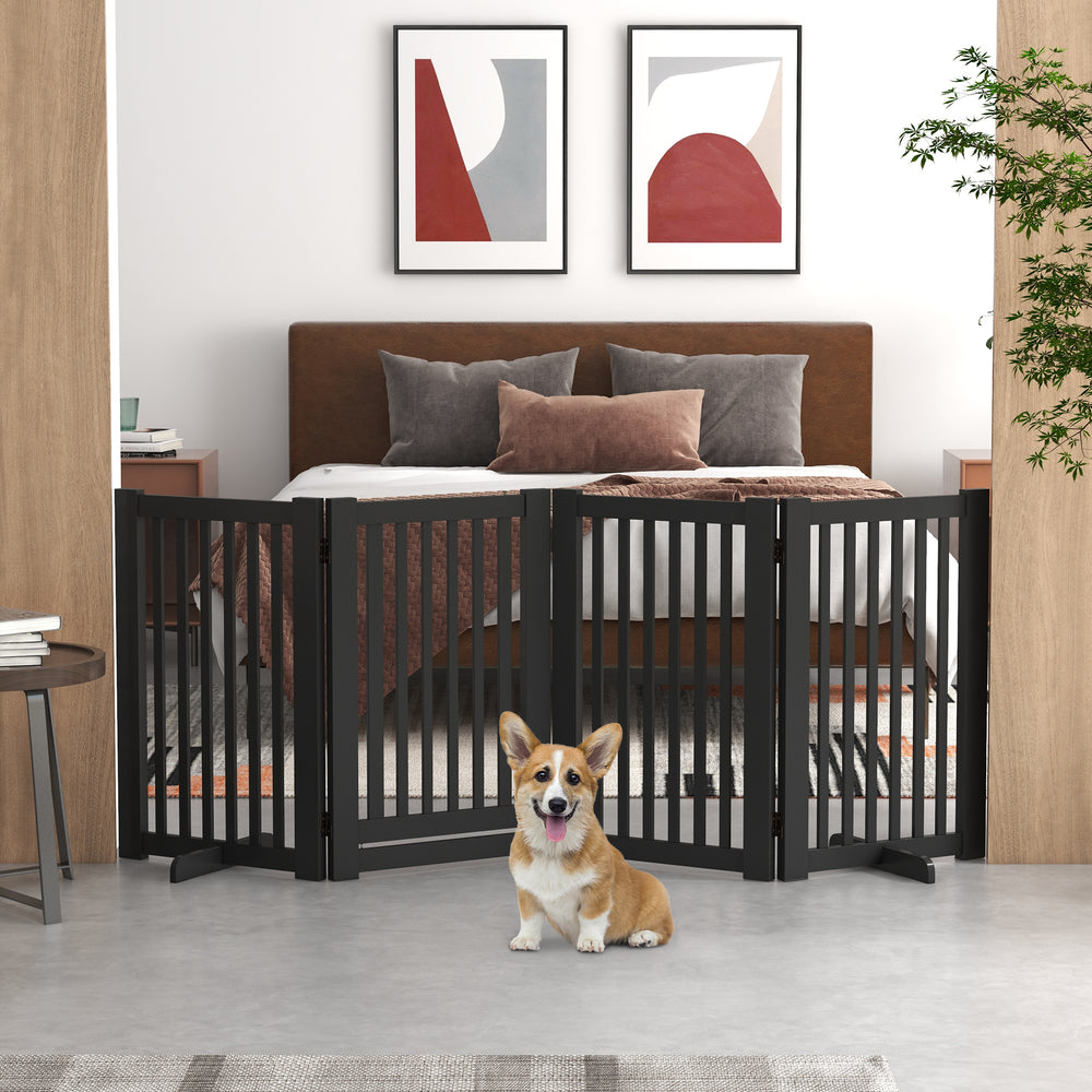 Barrière pour animaux de compagnie à 4 panneaux en bois autoportante, noire