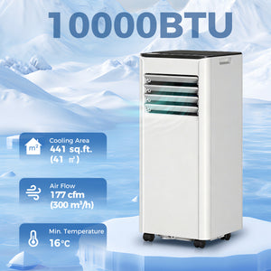10,000 BTU Portable Air Conditioner, with Dehumidifier, Fan, and Wi-Fi Voice Remote Control, for Rooms up to 441 Sq Ft (41 m²).