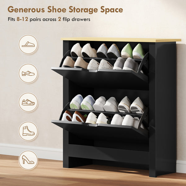 Shoe cabinet with 2 tilt-out drawers and adjustable shelves for 8 to 12 pairs of shoes, black