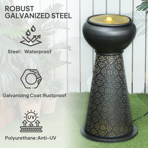 Fontaine d'extérieur avec lumières LED, cascade de jardin à débit réglable avec base florale découpée, gris foncé et jaune