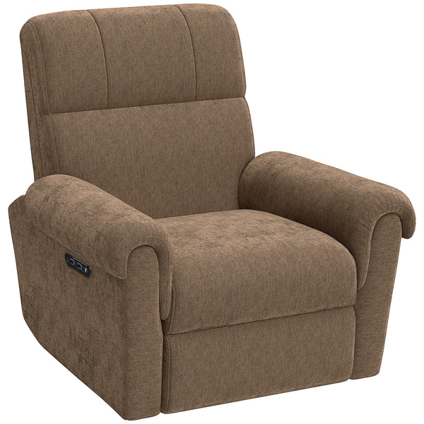 Fauteuil inclinable électrique, revêtu de tissu, avec ports USB, fonction pivotante et à bascule, et repose-pieds.