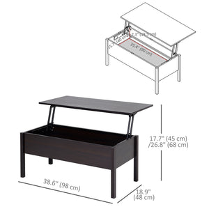 Table basse moderne avec plateau relevable et compartiment de rangement dissimulé, marron
