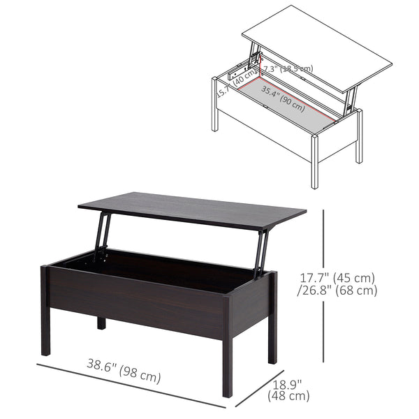 Table basse moderne avec plateau relevable et compartiment de rangement dissimulé, marron