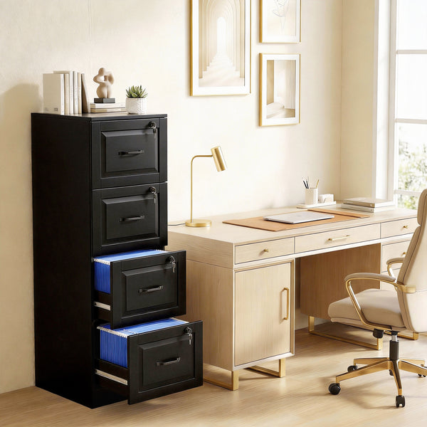 4-drawer vertical filing cabinet with lock, equipped with adjustable hanging rails for A4 and Letter sizes, black.