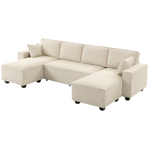 Canapé d'angle modulable en forme de U avec double méridienne et coussins à ressorts, beige