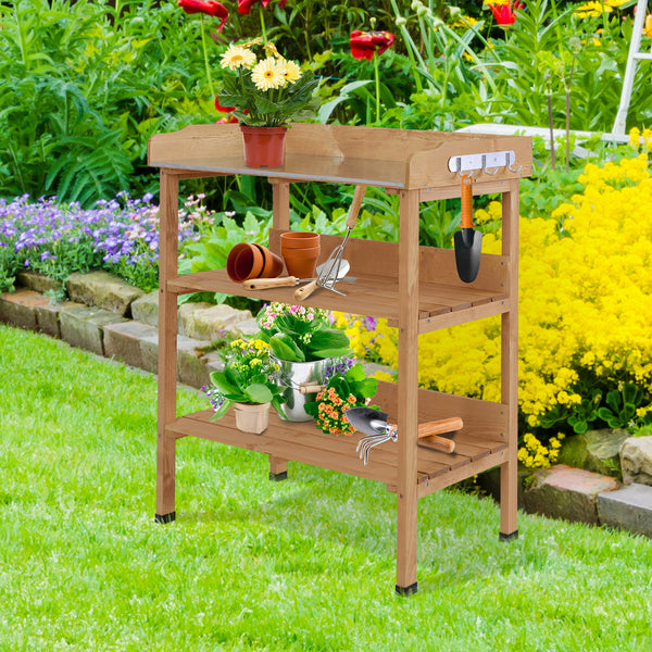 Wooden garden table with storage shelf for tools and hooks