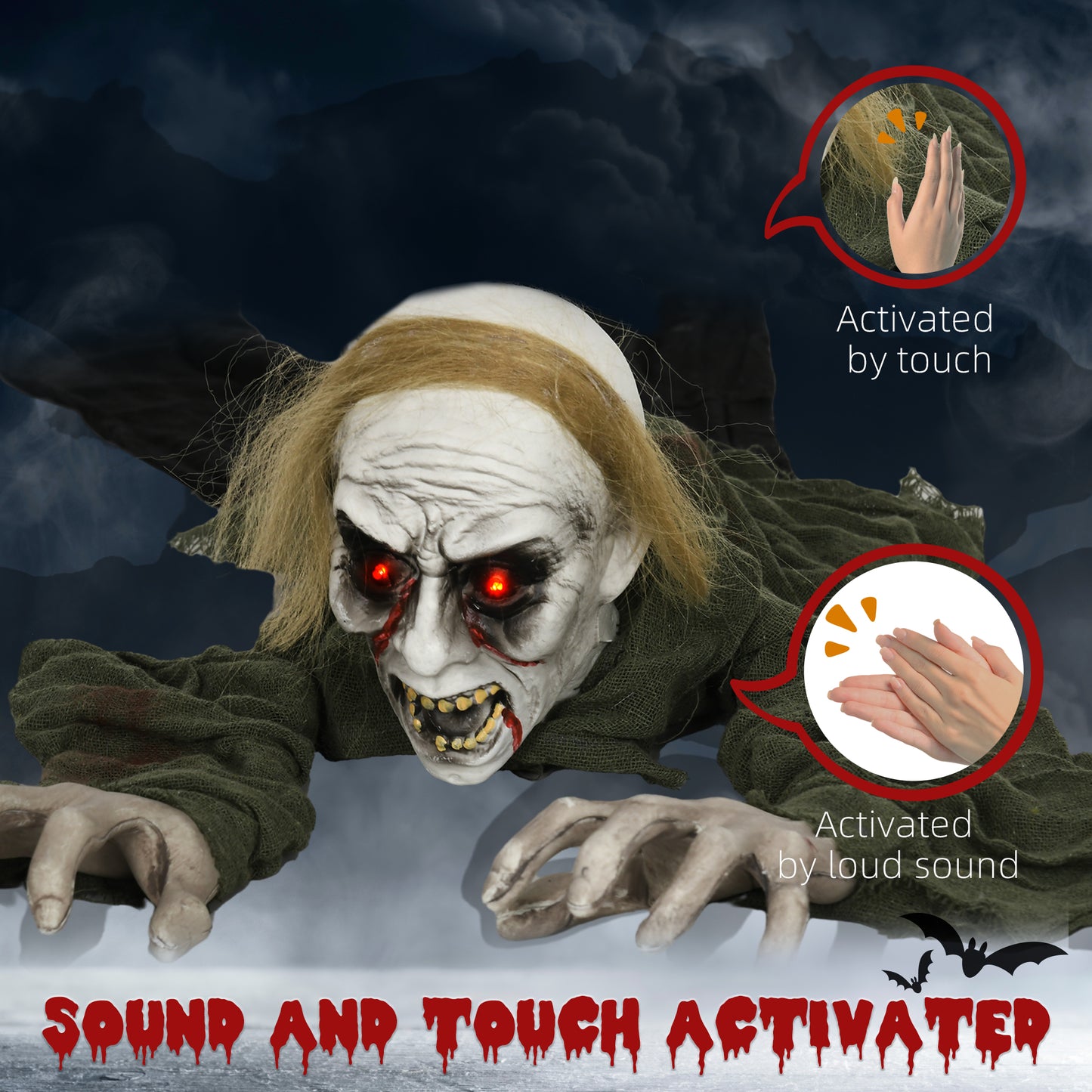 Décoration d'Halloween Zombie rampant, accessoire décoratif animé avec activation sonore et yeux lumineux