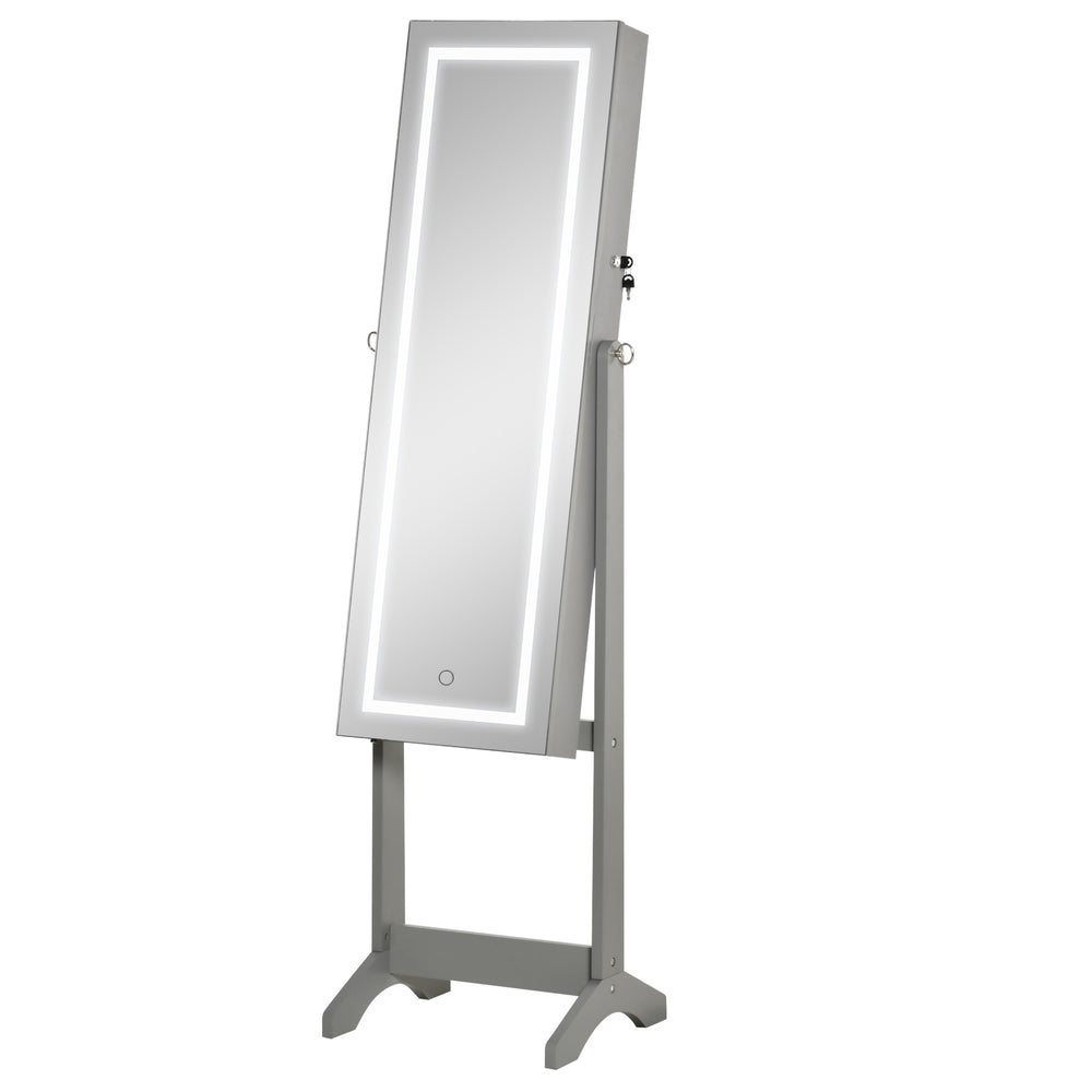 Armoire à bijoux verrouillable avec éclairage LED, miroir sur pied, gris
