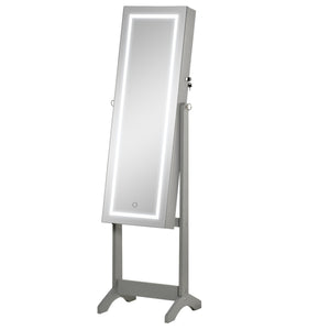 Armoire à bijoux verrouillable avec éclairage LED, miroir sur pied, gris