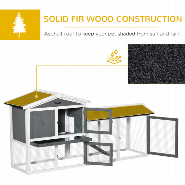 Wooden hutch with run, play tray, pull-out drawer, and ramp