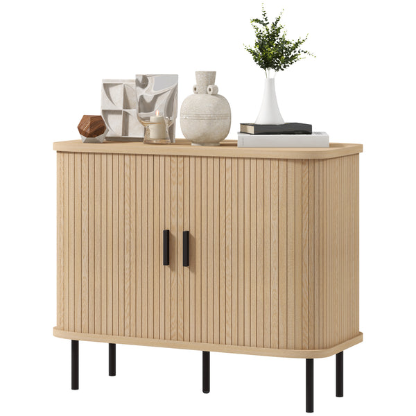 Buffet nordique avec portes tambour à lattes et pieds en métal, chêne