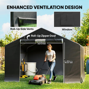 Portable waterproof garden shed with roll-up zip door and reinforced galvanized metal frame, dark grey