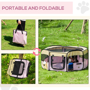 Portable playpen with pink carry bag