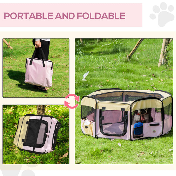Portable playpen with pink carry bag