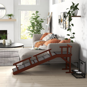 Wooden access ramp with non-slip mat and removable safety barriers