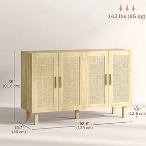 Storage sideboard with 4 rattan doors and adjustable shelves, natural