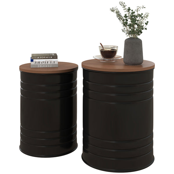 Lot de 2 tables d'appoint rondes avec couvercle en bois, noir