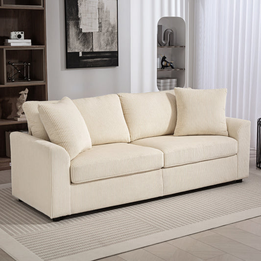 Canapé 3 places moderne avec ressorts ensachés et 2 coussins décoratifs, blanc crème