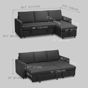 Convertible Corner Sofa Bed, Built-In Storage & 3 Removable Back Cushions, Black