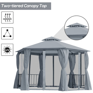 Outsunny 13ft Hexagon Gazebo Outdoor Canopy Shelter with Netting and Shaded Curtains Gray |